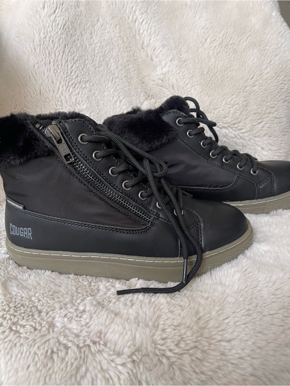 Cougar Black Faux-Fur Trim Lace-Up Winter Boots with Side Zipper. Waterproof
